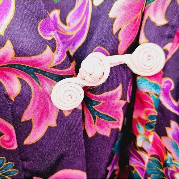 Vintage '70s Dentelle Purple Floral Print Kimono Robe Nightgown Dressing Gown L - Picture 6 of 9